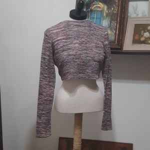 Womens Crop top Sz Large long sleeve Blue Purple Striped Knit Super Cute LOVE J
